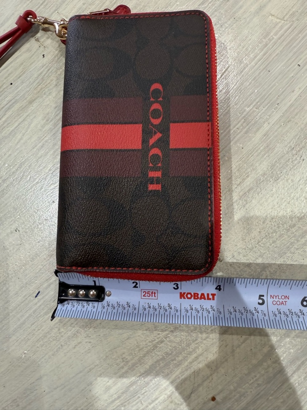 Coach Brown Double Zip Wallet with Red Signature Stripe Accent - Picture 13 of 14